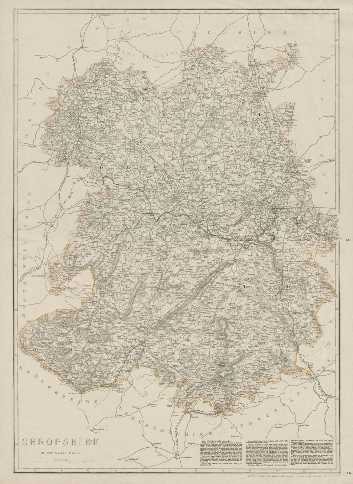SHROPSHIRE large county map. Railways Stiperstones Wenlock Edge WELLER 1863
